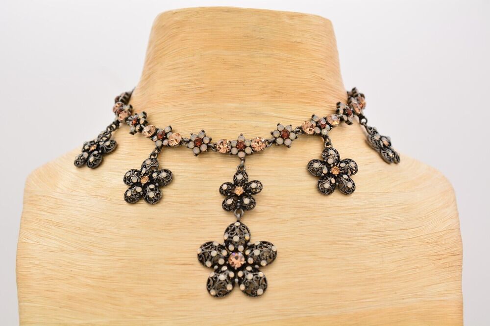 SNK Vintage Crystal Flower Collar Dangle Necklace Chocolate Milk Signed Bin6B